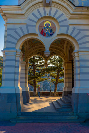 FOROS, CRIMEA -19.05.2020 View from observation platform of Baidarsky Pass on the Church of Christ's...