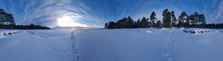panorama of snow-covered Lake Onega in winter