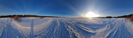 panorama of snow-covered Lake Onega in winter