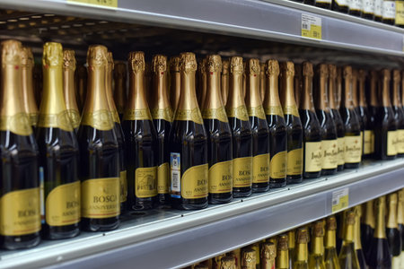 Russia. St. Petersburg 20.01.2022 Bottles of champagne in the supermarket for sale