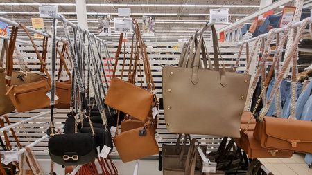Russia. St. Petersburg 20.01.2022 Women's bags for sale in the store