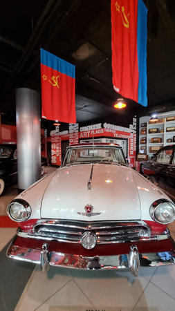 Soviet retro car GAZ-21 "Volga" front view. Exhibit of the museum "Museum of Legends of the USSR" 2023のeditorial素材