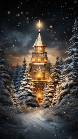 Fairytale glowing Christmas tree house in the night, Generative AIの素材