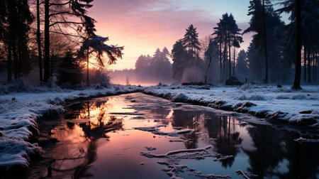 snowy winter forest landscape at dawn, Generative AIの素材