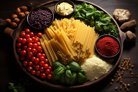 Various pasta and spices. Cooking concept. View from above. Generative AIの素材