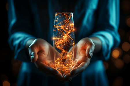 Hand holding glowing DNA and genetics research concept, Generative AIの素材