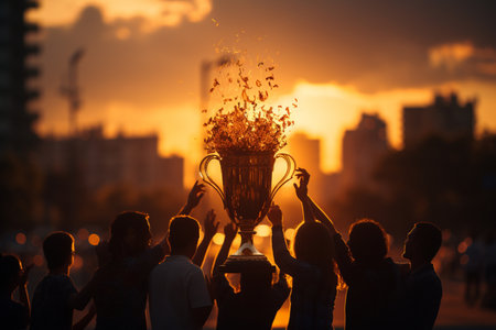 The winning team holds the trophy cup in their hands. Silhouettes of many hands at sunset. Generative AIの素材