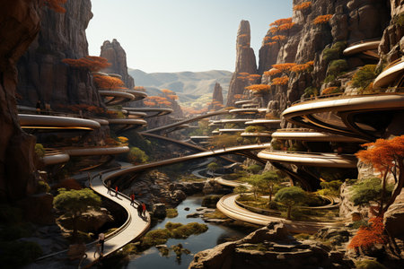 futuristic landscape with bridges and paths, Generative AIの素材