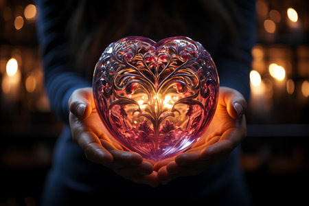 a person holding a beautiful glowing vibrant heart, Generative AIの素材