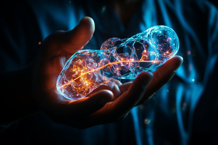 Hand holding glowing DNA and genetics research concept, Generative AIの素材
