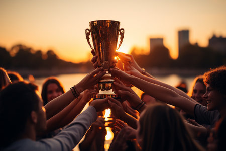 The winning team holds the trophy cup in their hands. Silhouettes of many hands at sunset. Generative AIの素材