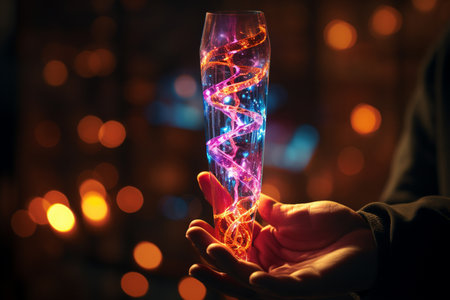 Hand holding glowing DNA and genetics research concept, Generative AIの素材