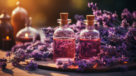 fresh purple lavender with essential oil bottles for aromatherapy, alternative medicine and perfumery, Generative AIの素材
