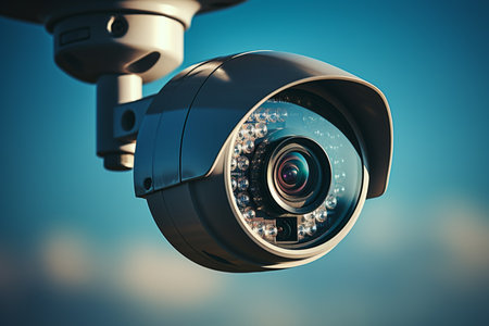 CCTV tool on blue sky background,Equipment for security systems and have copy space for design. Generative AIの素材