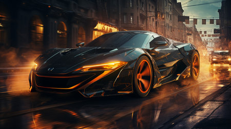 Futuristic sports super car on the night street, Generative AIの素材