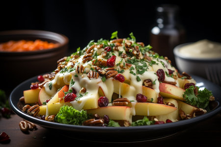 Autumn apple nut Spinach salad with cheese and cranberries, Generative AIの素材