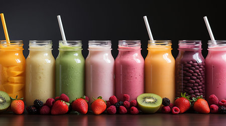 Row of fresh fruit and vegetable smoothies in glass bottles, Generative AIの素材
