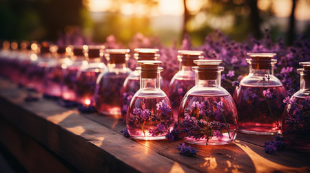 fresh purple lavender with essential oil bottles for aromatherapy, alternative medicine and perfumery, Generative AIの素材