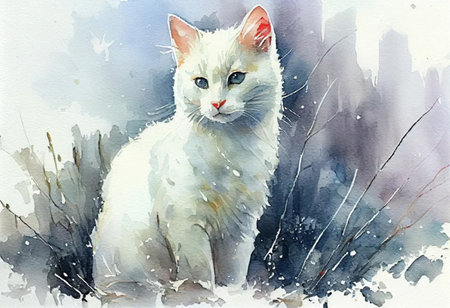 white cat on a light background, watercolor painting, Generative AIの素材