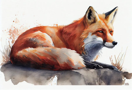 lying fox on white background watercolor painting , Generative AIの素材