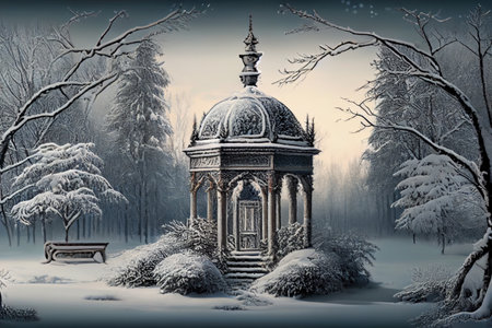 gazebo in winter park, watercolor painting, Generative AIの素材