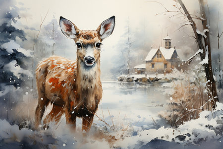 Deer on the background of a house, Christmas card,の素材