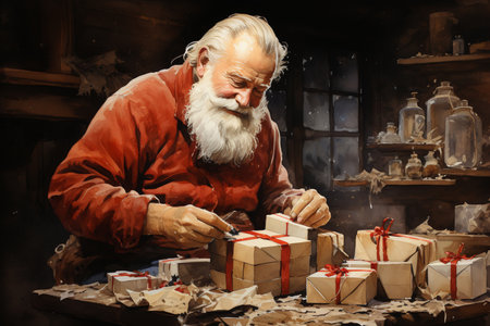 santa and gifts at christmas, postcard in retro style, watercolor, Generative AIの素材
