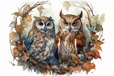 two owls side by side, watercolor painting, Generative AIの素材
