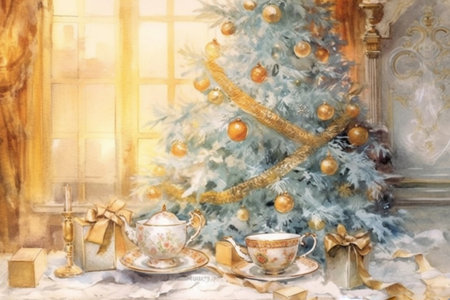 beautiful decorated Christmas tree, watercolor, illustration , watercolor style, Generative AIの素材