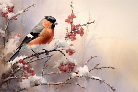 Bullfinch on a branch in winterwatercolor painting, Generative AIの素材