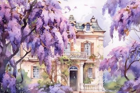 blooming wisteria in spring and house, watercolor style, Generative AIの素材
