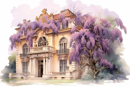 blooming wisteria in spring and house, watercolor style, Generative AIの素材