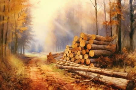 autumn forest and stacked felled trees near the path , watercolor style, Generative AIの素材
