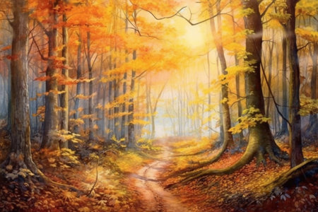 path through a beautiful autumn forest flooded with light , watercolor style, Generative AIの素材