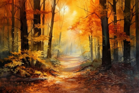 path through a beautiful autumn forest flooded with light , watercolor style, Generative AIの素材