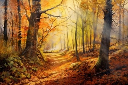path through a beautiful autumn forest flooded with light , watercolor style, Generative AIの素材
