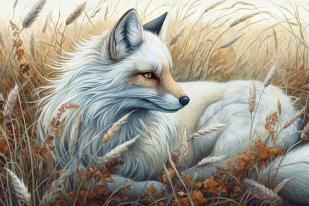white fox among the grass in autumn , watercolor style, Generative AIの素材