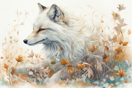 white fox among the grass in autumn , watercolor style, Generative AIの素材