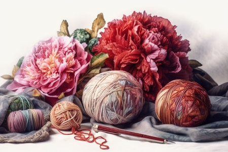 knitting and peonies, still life, Generative AIの素材