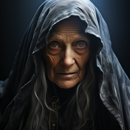 a very old gray-haired woman in a black hood, cloak, Generative AIの素材