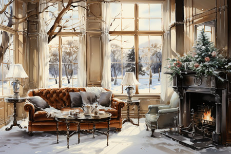 spacious bright living room with fireplace, sofa and Christmas tree, watercolor Generative AIの素材