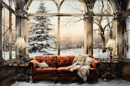 spacious bright living room with fireplace, sofa and Christmas tree, watercolor Generative AIの素材