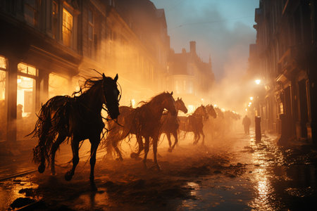 herd of horses rushes along the street among the fire, Generative AIの素材