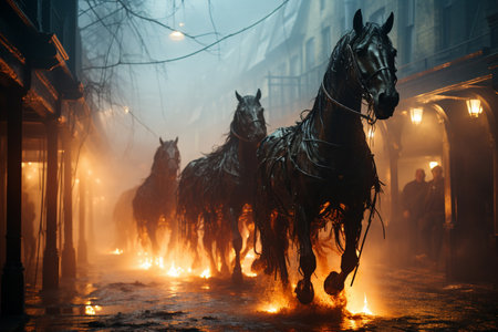 herd of horses rushes along the street among the fire, Generative AIの素材