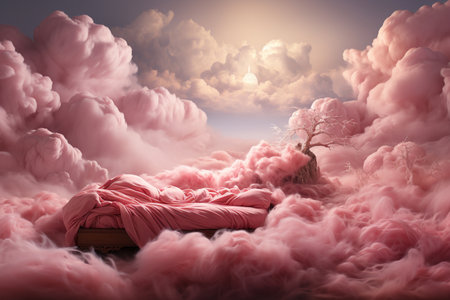 bed among pink clouds Generative AIの素材