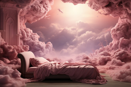 bed among pink clouds Generative AIの素材