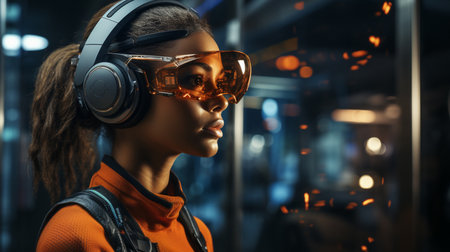 office worker is wearing a transparent AR glasses in office,. Generative AIの素材