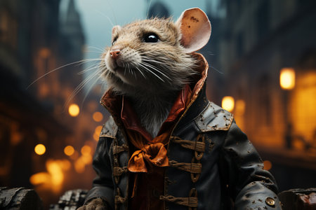 an inquisitive, curious mouse in clothes against the backdrop of the city Generative AIの素材