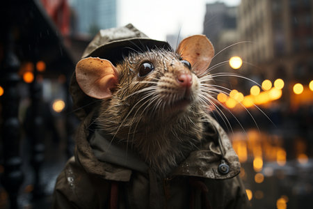 an inquisitive, curious mouse in clothes against the backdrop of the city Generative AIの素材