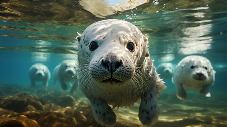 a seal swims underwater in the sea, Generative AIの素材